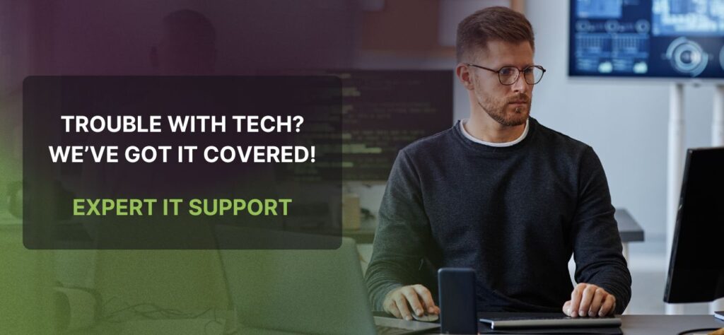On the right side, there is a man wearing a blue navy sweater and glasses looking confused at a computer screen. He appears to be trying to type something on a PC keyboard. On the left side is a textbox reading "Trouble with tech? We've got it covered! Expert IT support."