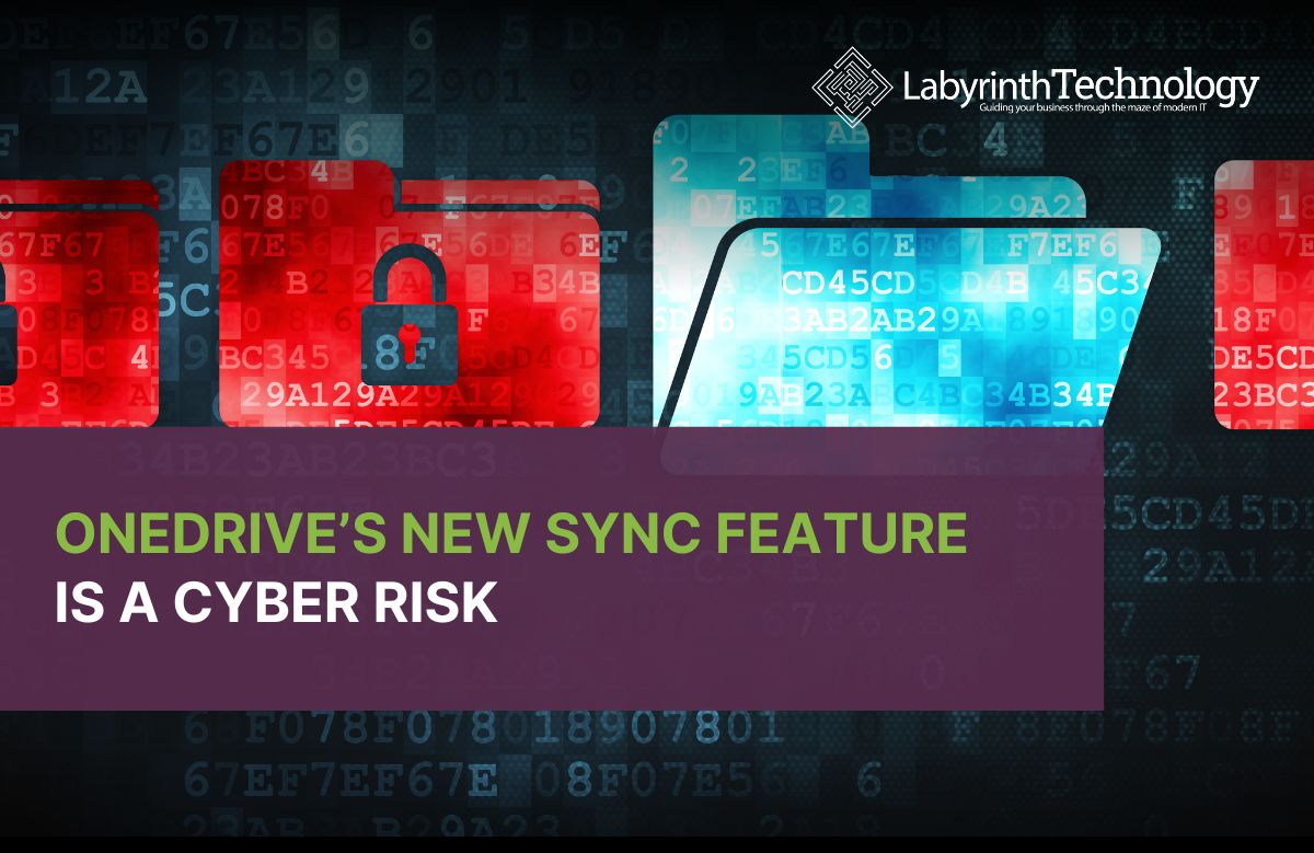 The background contains a series of randomised letters and numbers to mimic hacking and hexadecimal. There are 4 folders in the foreground. The first, second and fourth are red and have a locked icon, whereas the third is blue and open. In the top right corner, there is the Labyrinth Technologies logo and in the bottom left corner there is a caption reading "OneDrive’s New Sync Feature is a Cyber Risk."