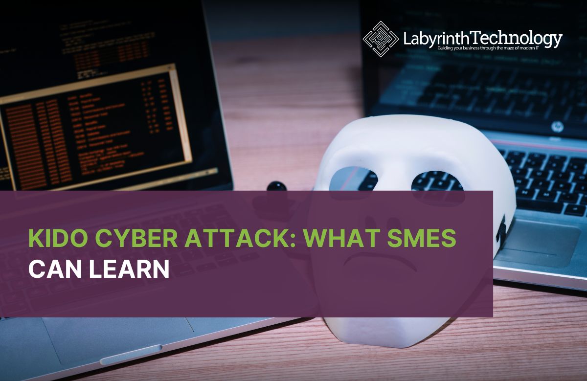 There is 2 laptops and a white mask in the background. The Labyrinth Technology logo is in the top right. The text reads "kido cyber attack, what smes can learn."
