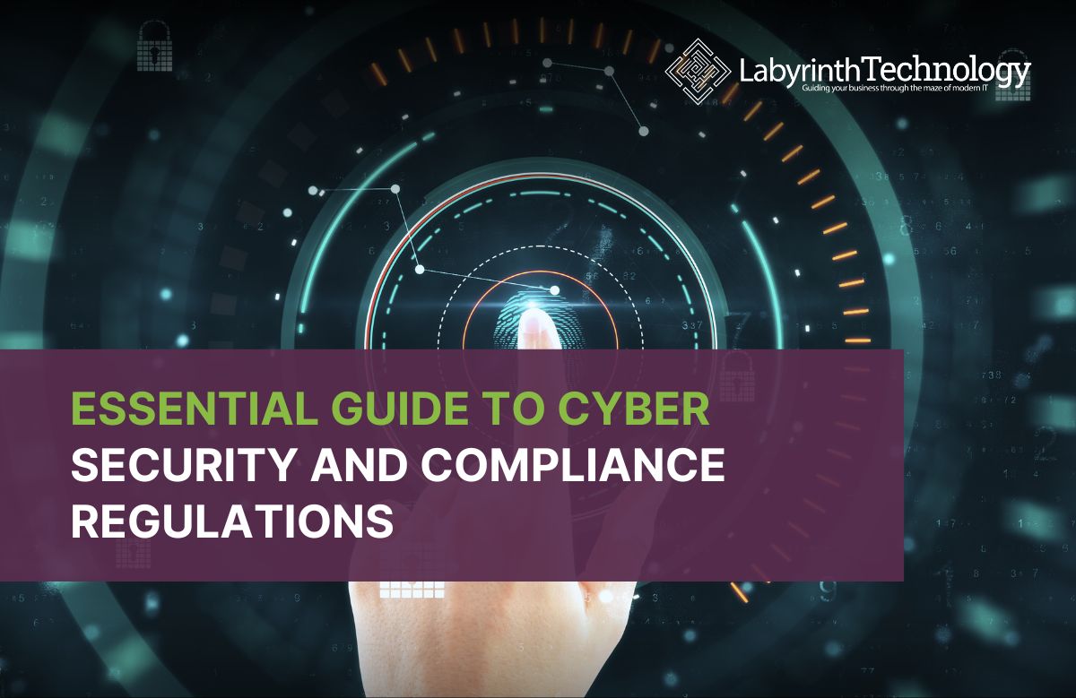 A person presses a glowing fingerprint scanner on a digital security interface, surrounded by circular data patterns, padlock icons, and holographic elements representing cyber protection. The Labyrinth Technology logo is in the top right. The text reads "Essential Guide to Cyber Security and Compliance Regulations"